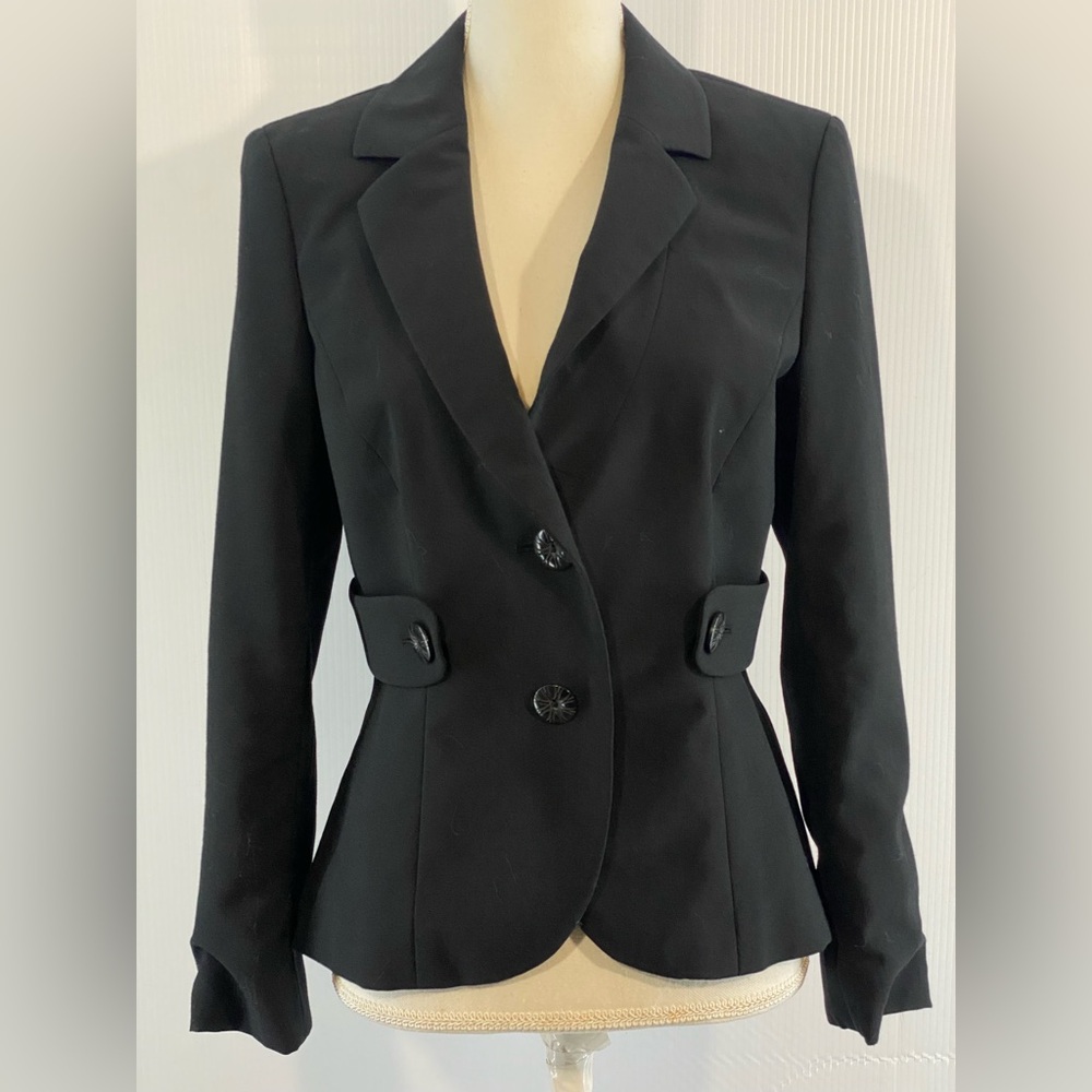 EntierBlack Blazer Jacket Women Size 6 Golden Jacquard Lined Embellished Buttons